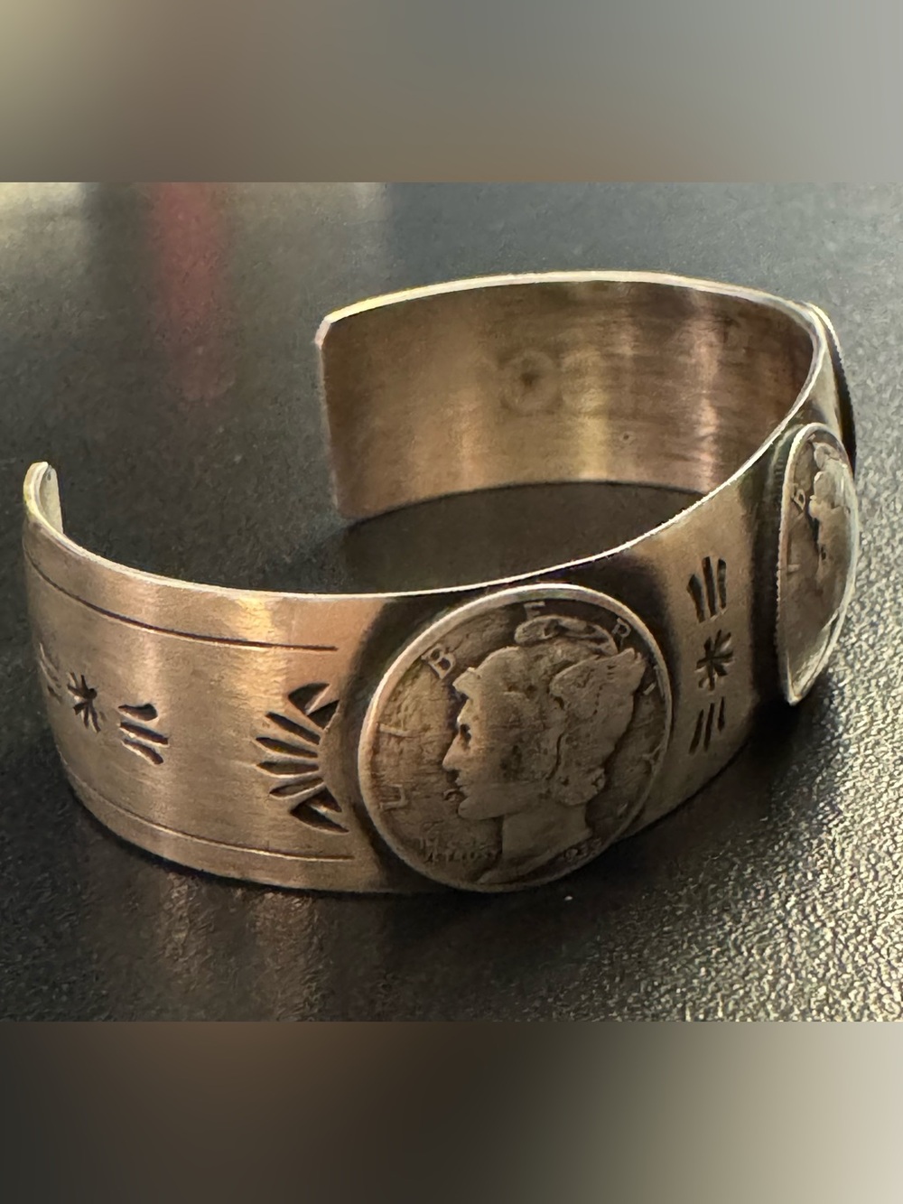 Wallace Yazzie Jr Navajo Sterling Silver Mercury Dime Cuff Bracelet - 34g